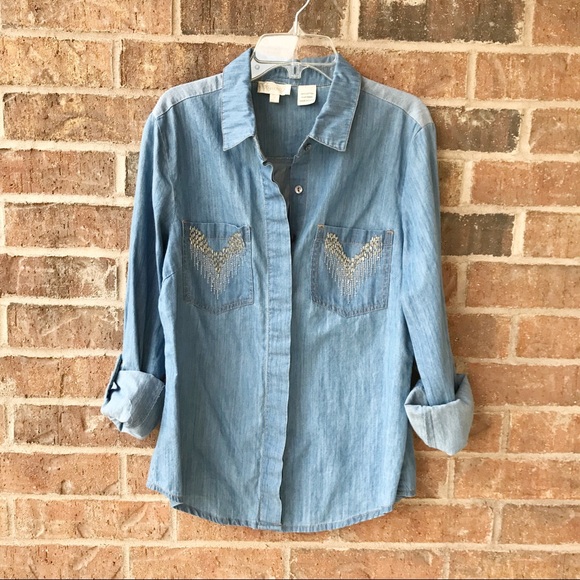 Miss Me Tops - Miss Me | Beaded Chambray Shirt